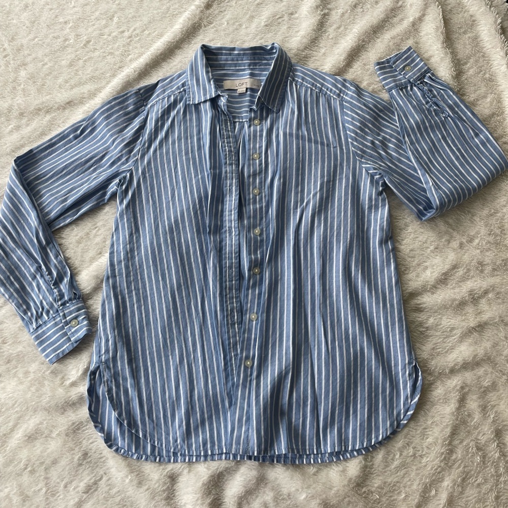 LOFT Light Blue and White Striped Shirt